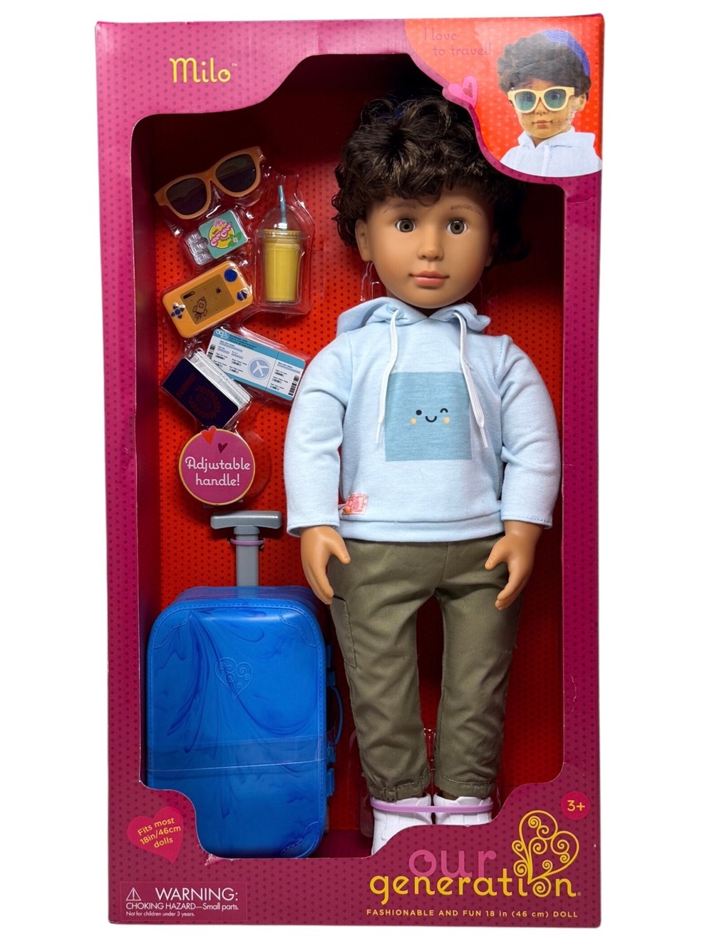 Milo Travel Doll with Light Blue Hoodie and Blue Suitcase